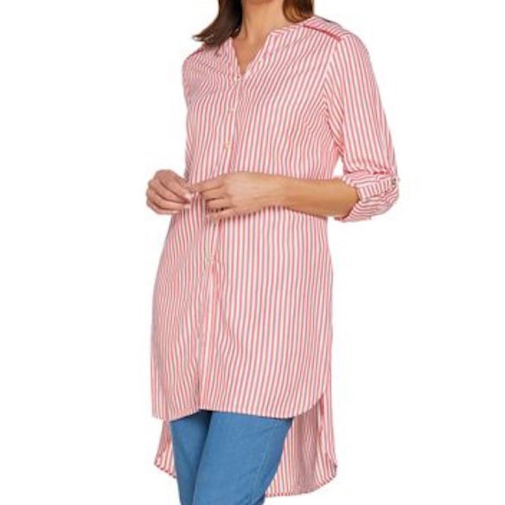 C. Wonder Womens Size 8 Button Front Extra Long Tunic Blouse Top Coral Stripe